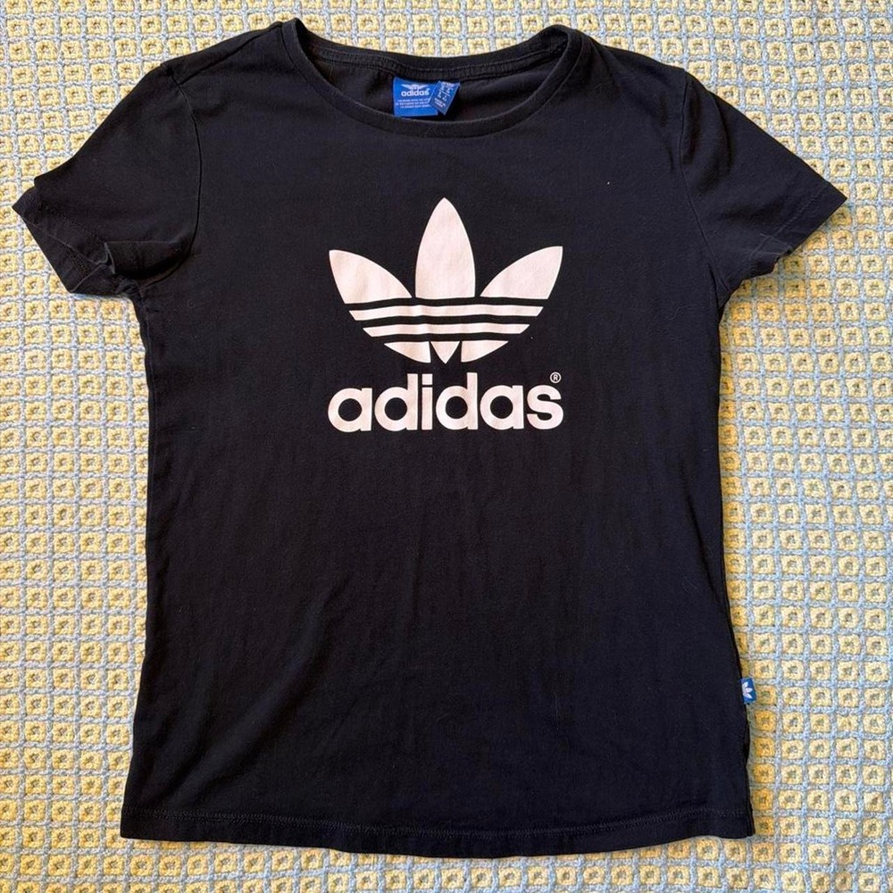 Adidas Originals Women Black Organic Cotton Trefoil Logo Tee Shirt Small